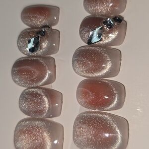 Handmade Short Press On Nails Medium Nude Blush Shimmer Crystal Accent Gel Set